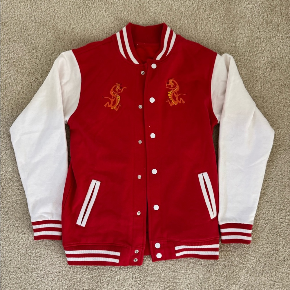 Small Shop Mushu Red and White Varsity Jacket